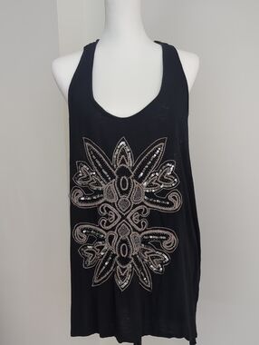 Rock & Republic Black Tank with Silver Sequin Medallion Detail